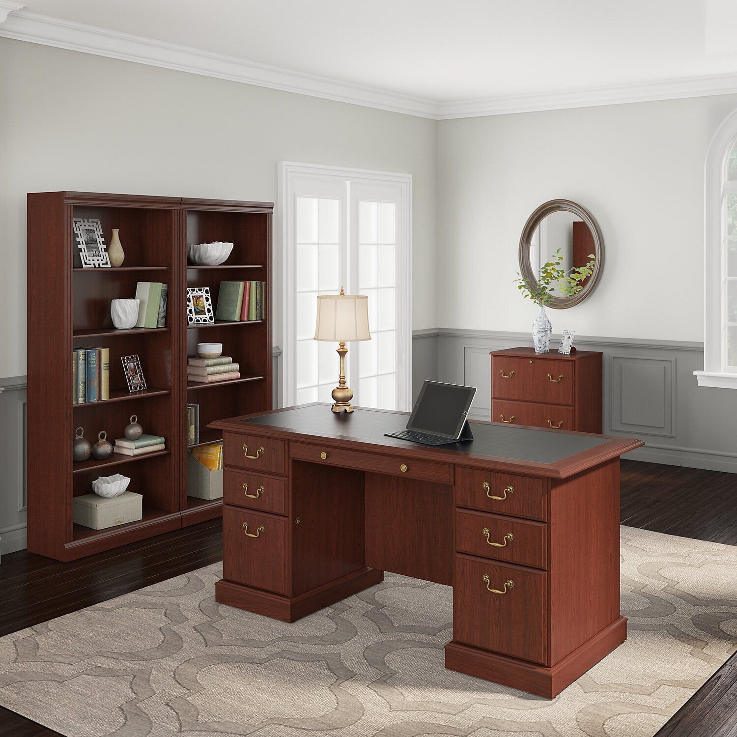 Harvest Cherry Executive Office Suite with 5-Shelf Bookcase and File Cabinet