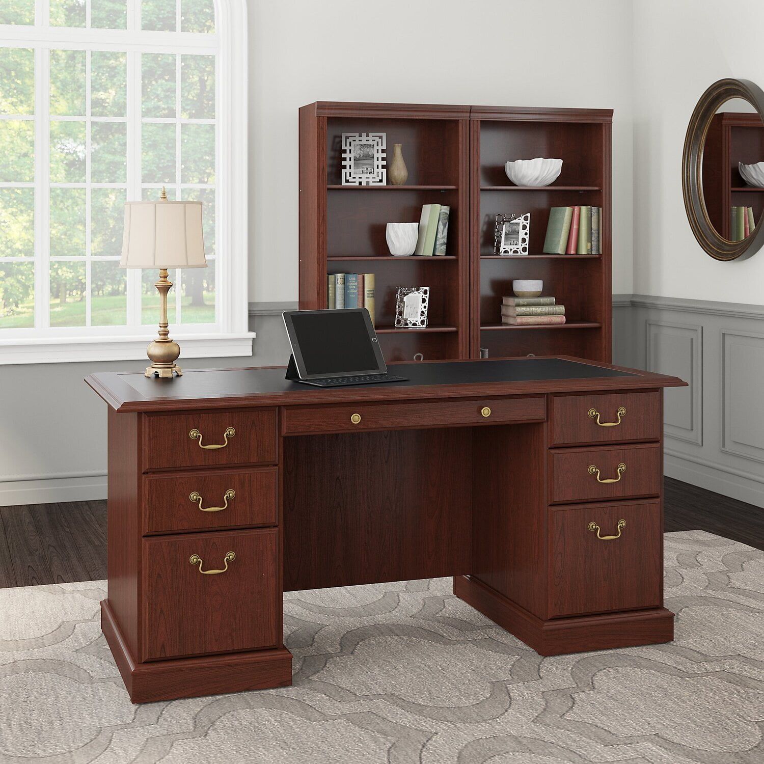 Harvest Cherry and Black Executive Pedestal Desk with Drawers and Keyboard Tray