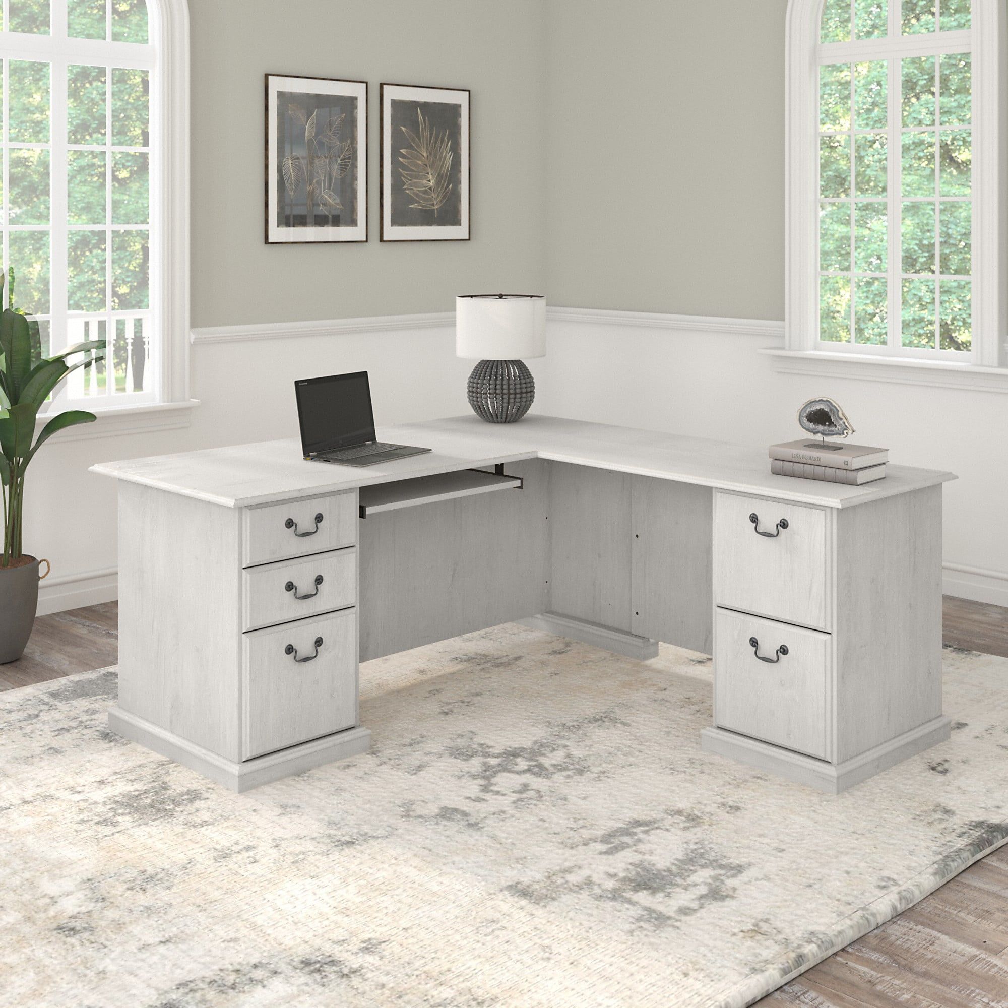 Linen White Oak L-Shaped Executive Desk with Drawers and Keyboard Tray