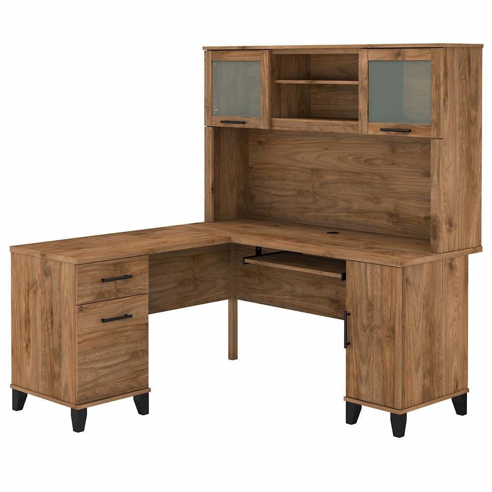 Fresh Walnut L-Shaped Computer Desk with Hutch and Storage