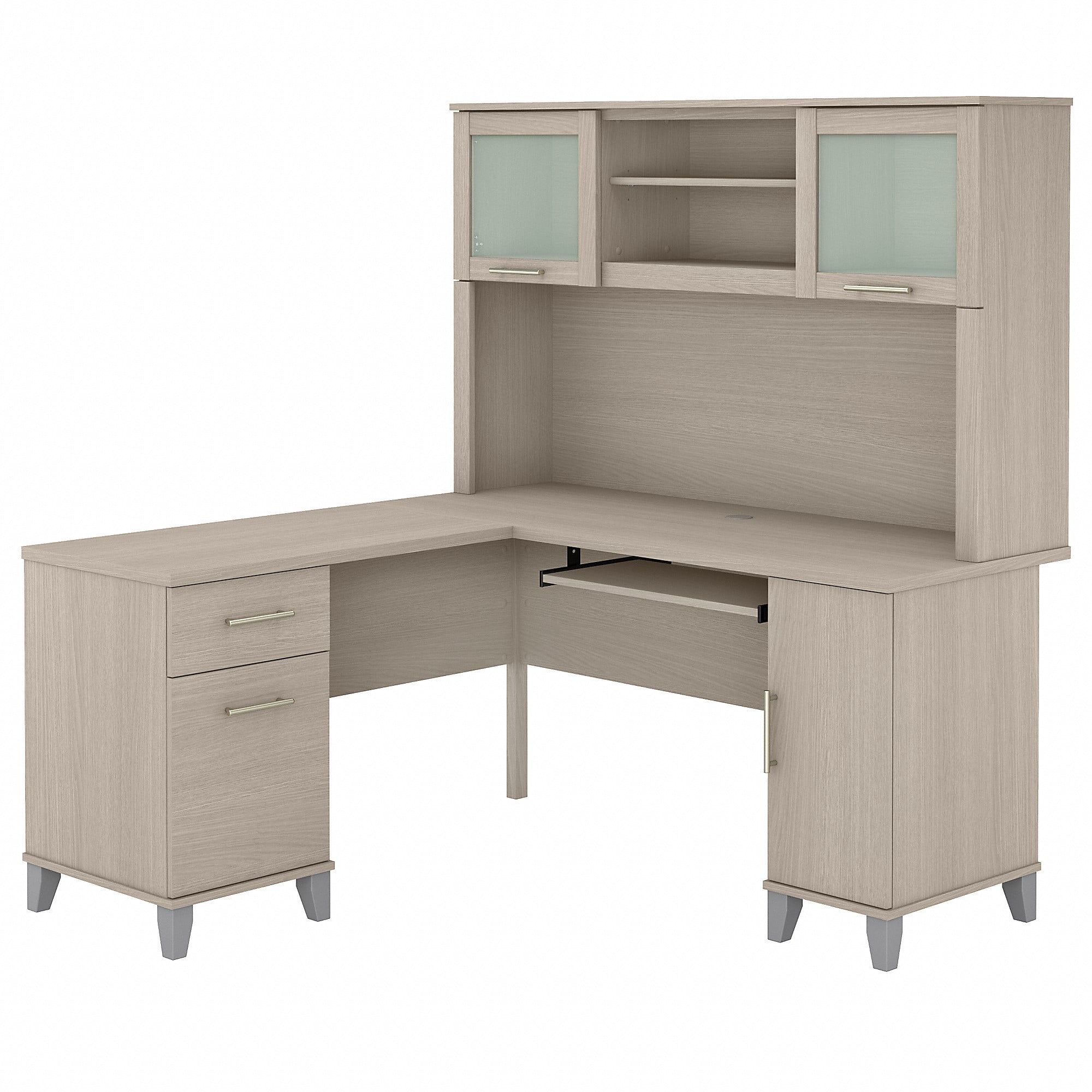Sand Oak L-Shaped Computer Desk with Hutch and Storage