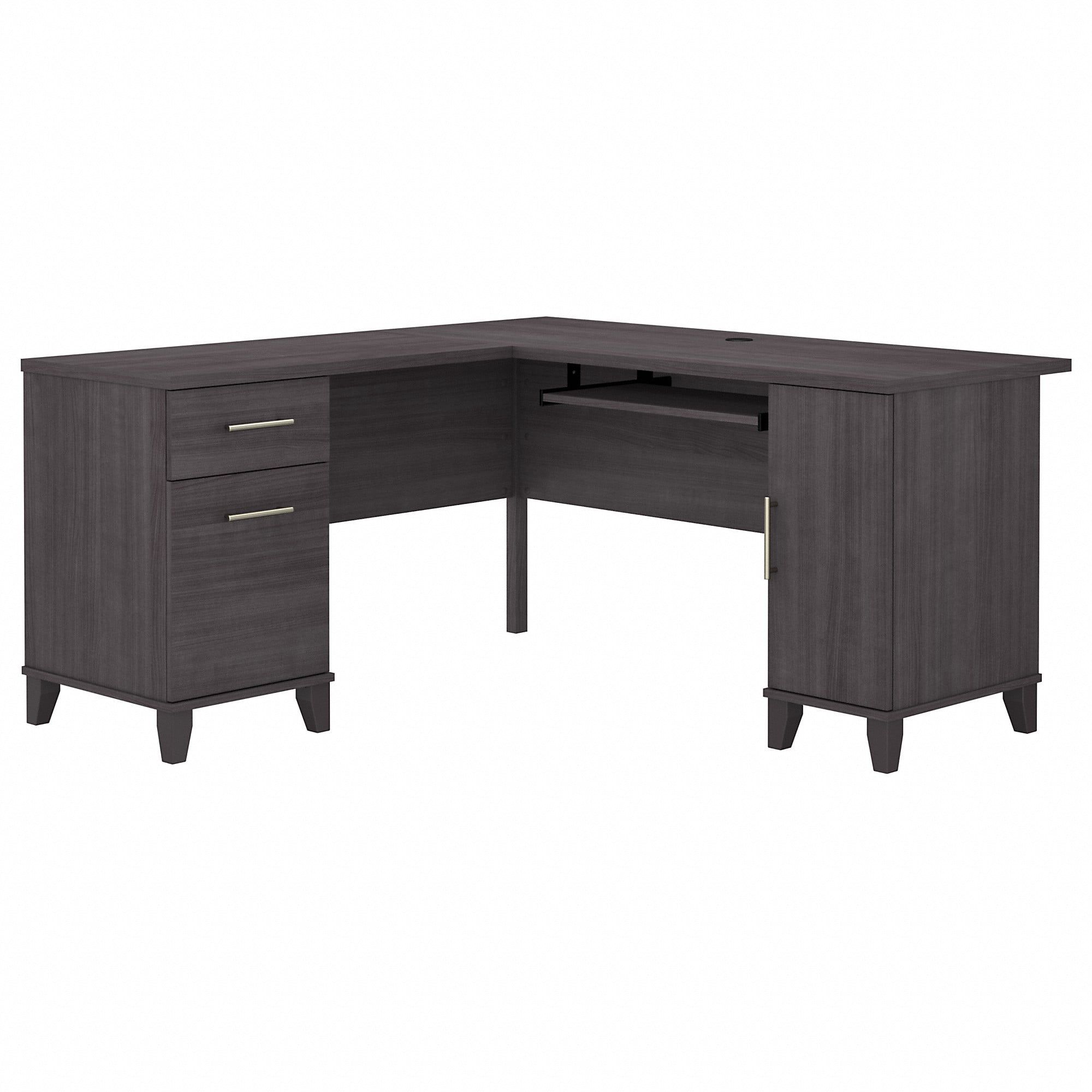 Storm Gray L-Shaped Wood Computer Desk with Drawer and Keyboard Tray
