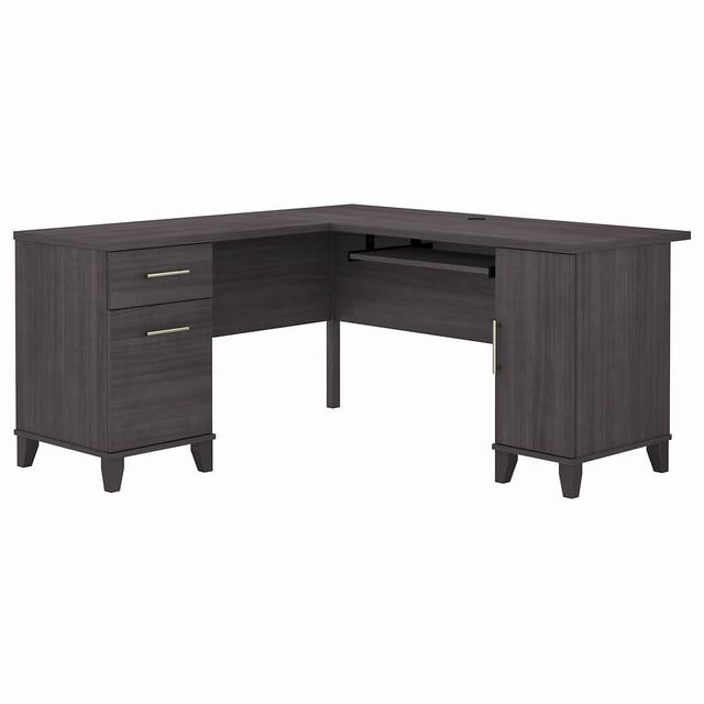 Storm Gray L-Shaped Wood Computer Desk with Drawer and Keyboard Tray