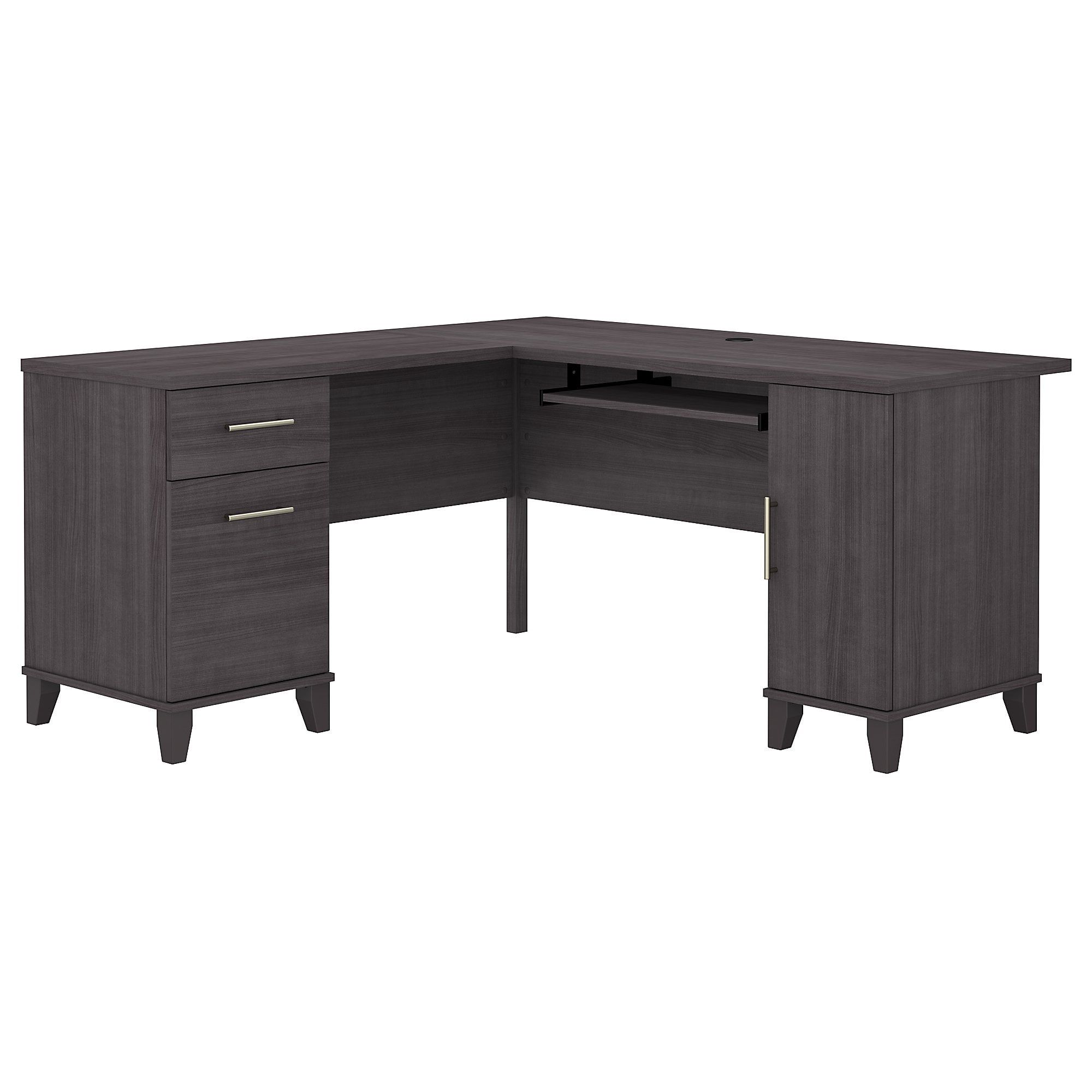 Storm Gray L-Shaped Wood Computer Desk with Drawer and Keyboard Tray