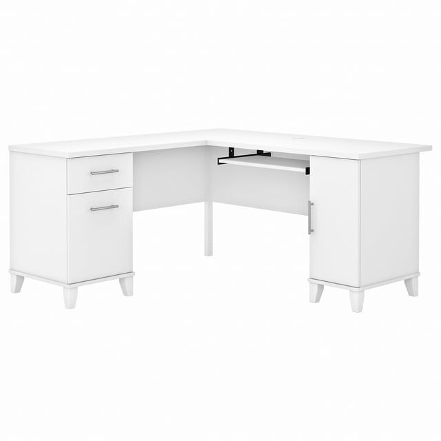 White Wood L-Shaped Corner Desk with Drawer and Keyboard Tray