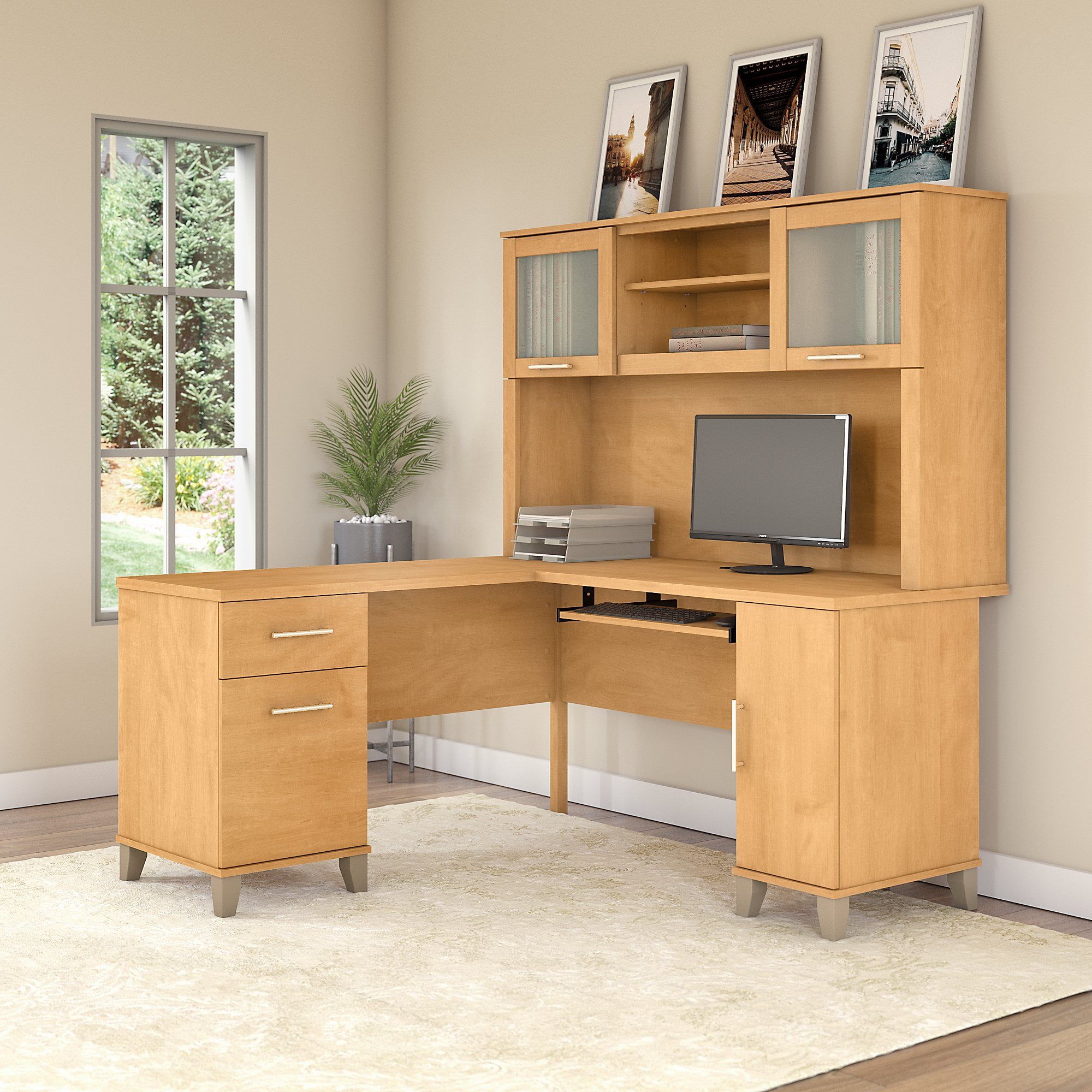 Maple Cross L-Shaped Desk with Hutch and Keyboard Tray