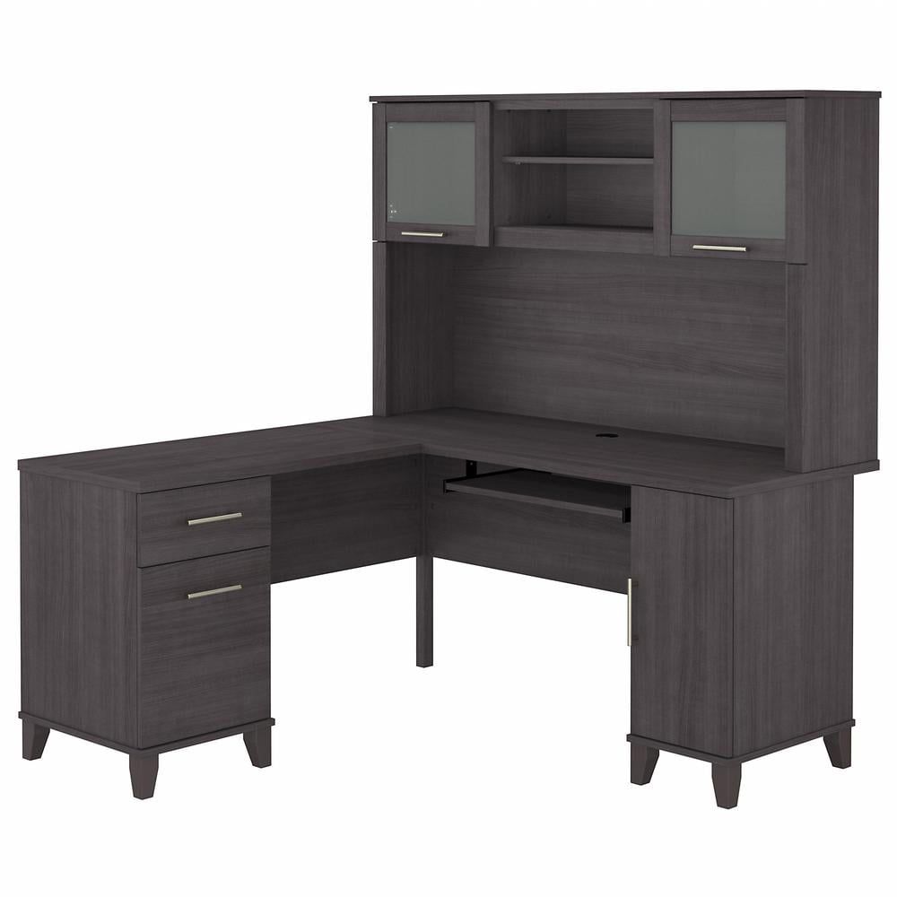 Storm Gray Wood L-Shaped Computer Desk with Hutch and Storage