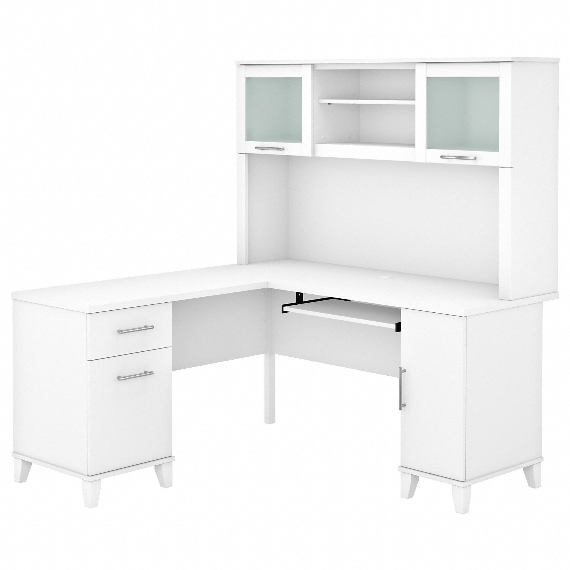 White L-Shaped Wood Desk with Hutch and Frosted Glass Doors