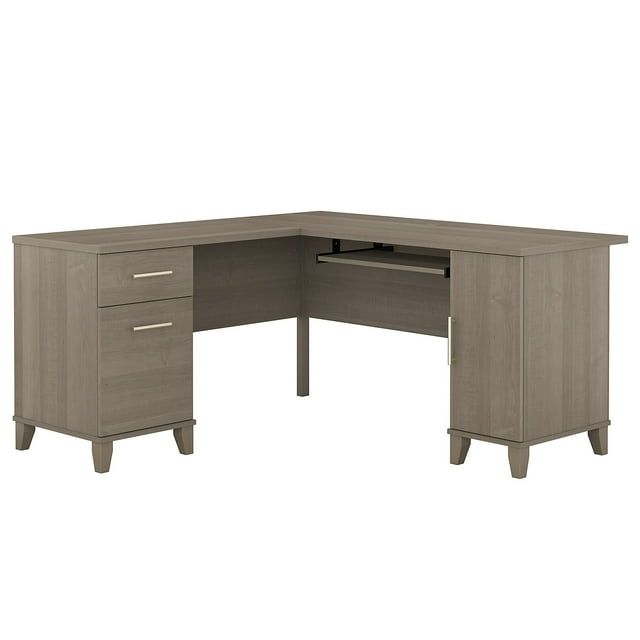 Ash Gray Wood L-Shaped Home Office Desk with Drawers and Keyboard Tray
