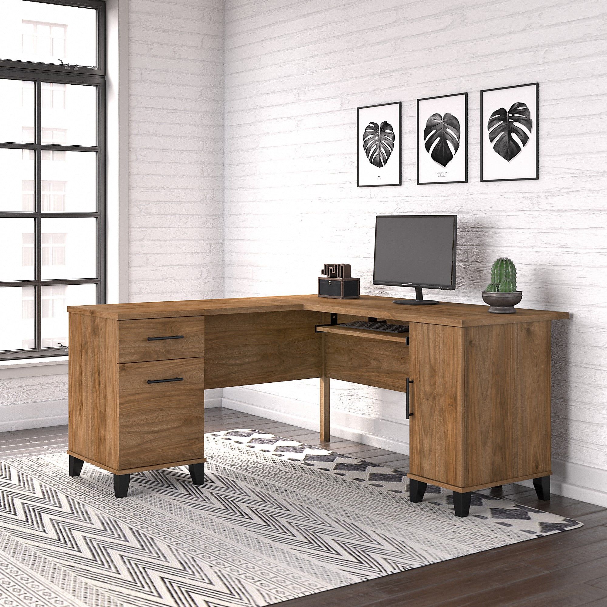 Fresh Walnut L-Shaped Desk with Keyboard Tray and Storage Cabinets