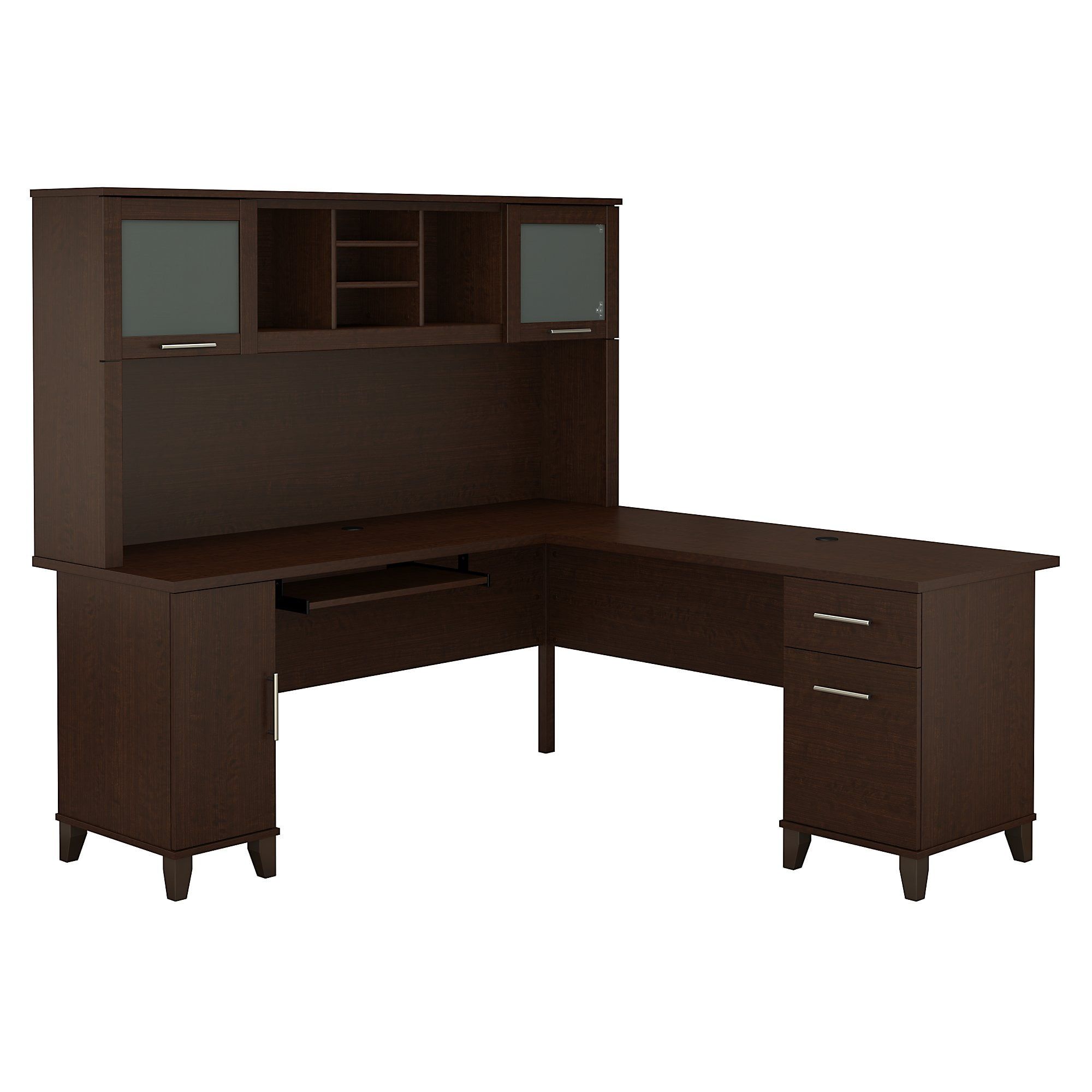 Mocha Cherry Wood L-Shaped Desk with Hutch and Filing Cabinet
