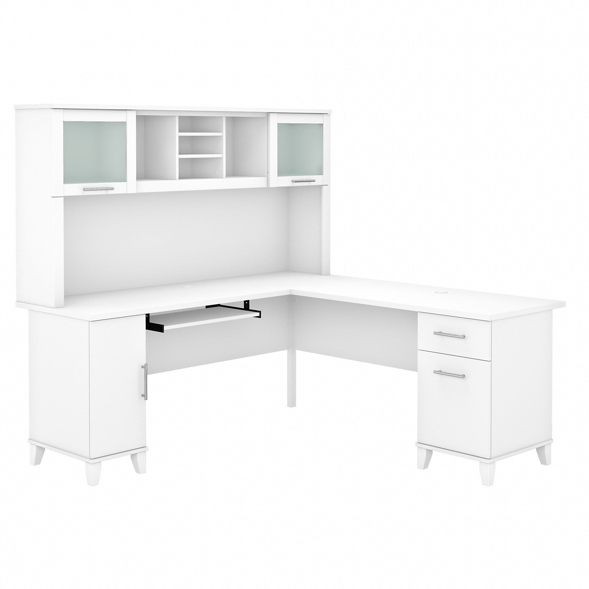 White L-Shaped Wood Computer Desk with Hutch and Drawers