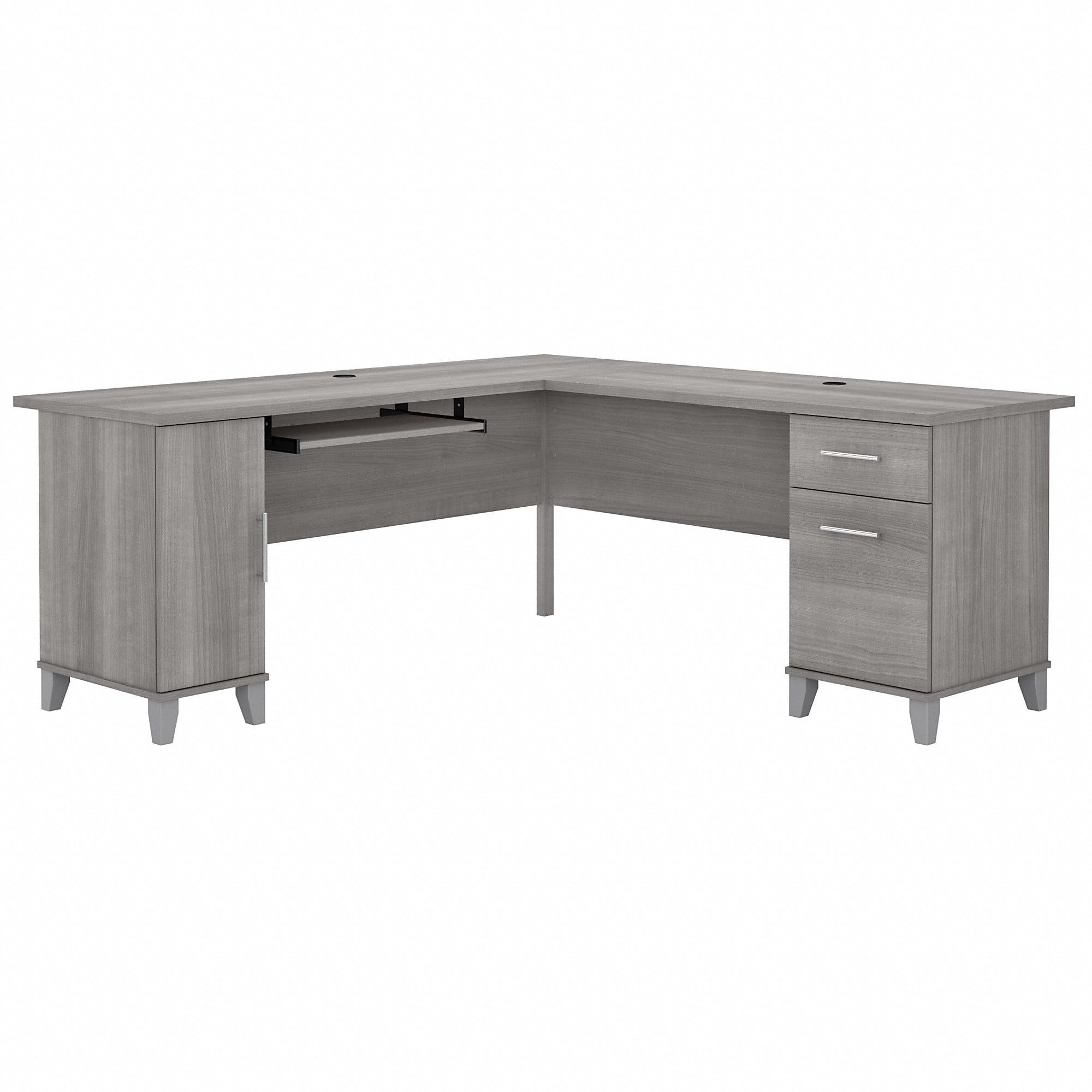 Platinum Gray L-Shaped Wood Desk with Drawer and Keyboard Tray