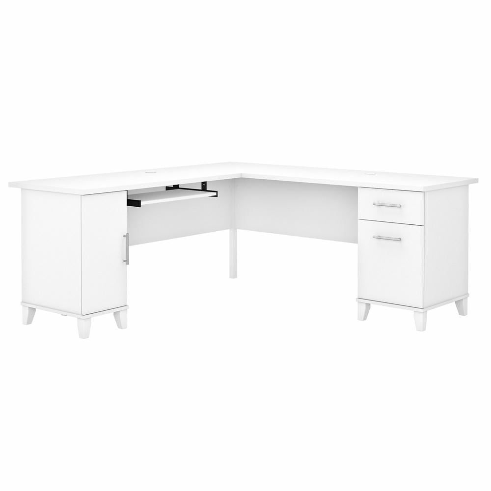 White Wood L-Shaped Corner Desk with Drawer and Keyboard Tray