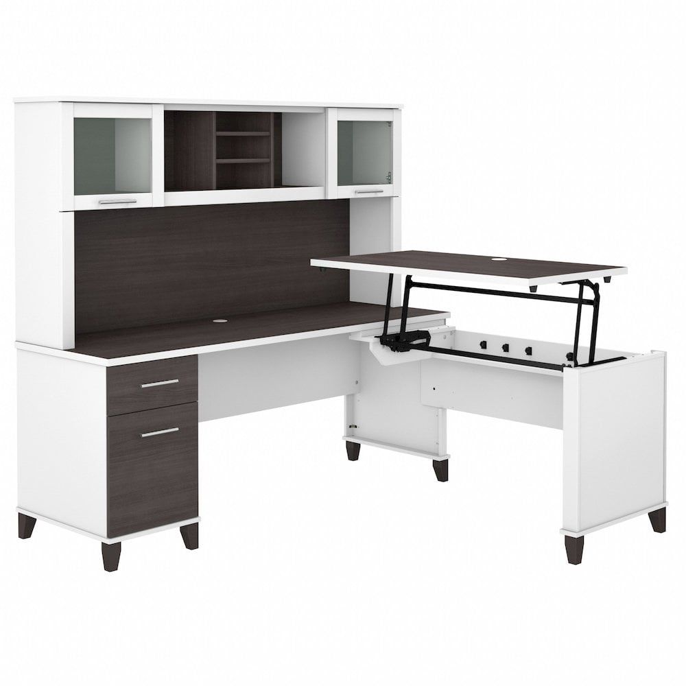 White and Gray Adjustable Height L-Shaped Desk with Hutch and Drawers