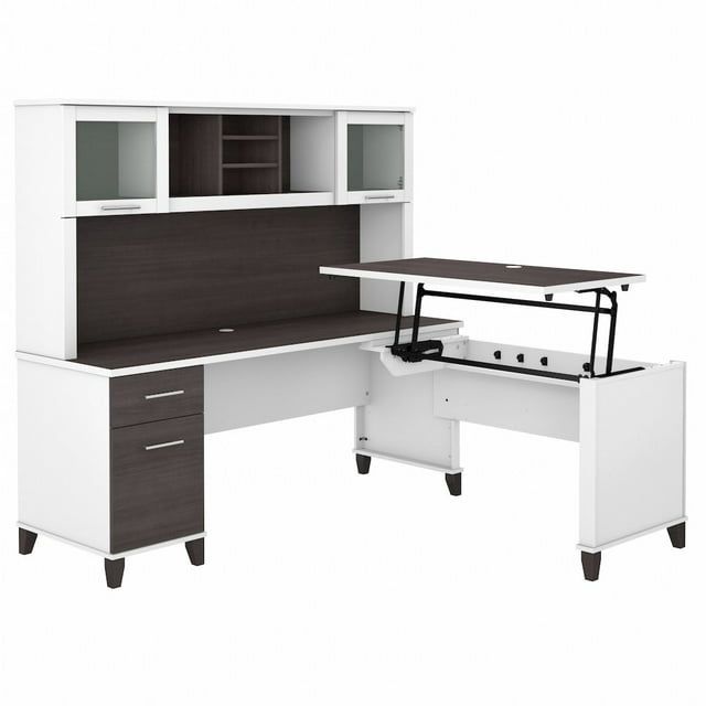 White and Gray Adjustable Height L-Shaped Desk with Hutch and Drawers