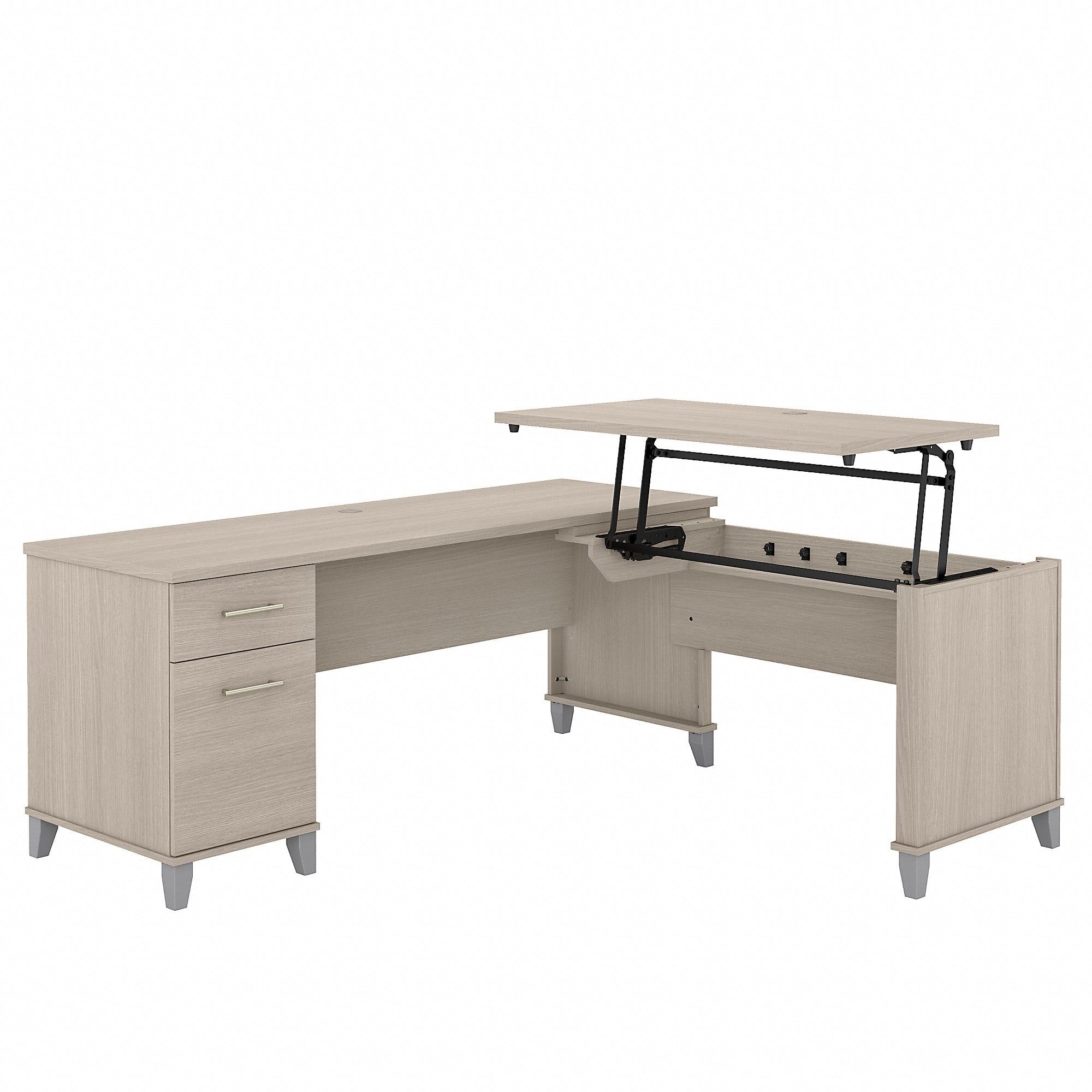 Transitional Sand Oak Adjustable L-Shaped Desk with Drawers