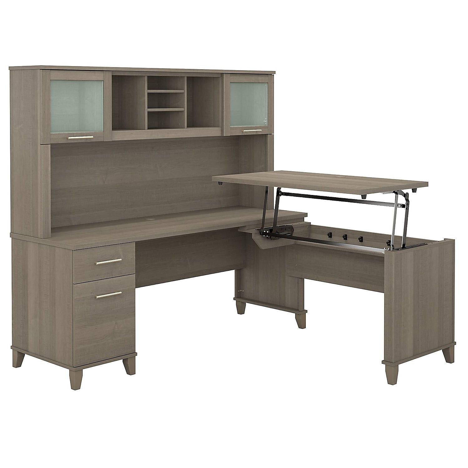 Ash Gray Transitional L-Shaped Desk with Hutch and Adjustable Height