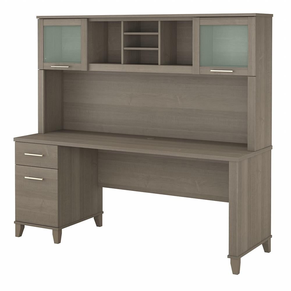 Ash Gray Adjustable Height Desk with Hutch and Filing Cabinet