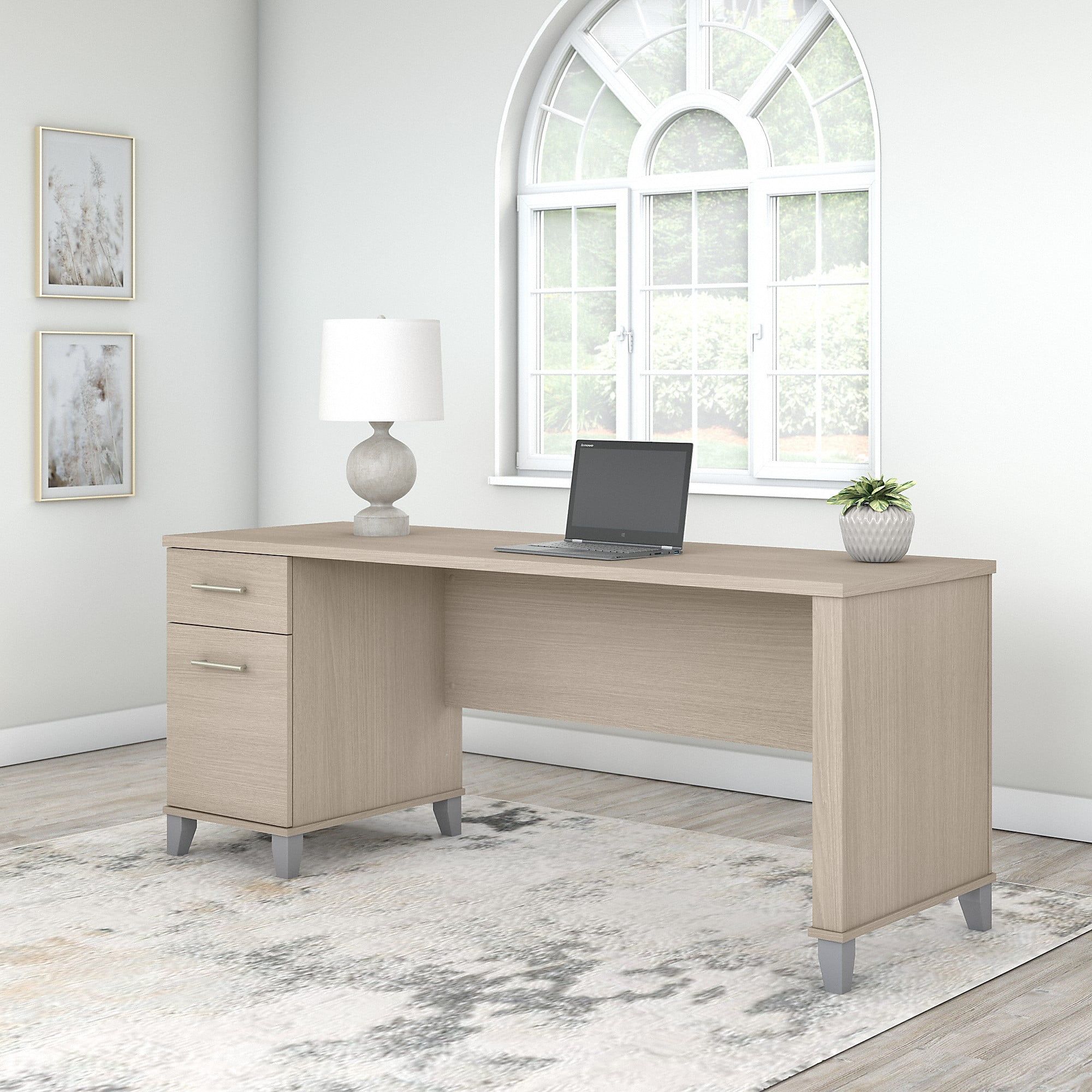 Sand Oak Engineered Wood Adjustable Office Desk with Drawers