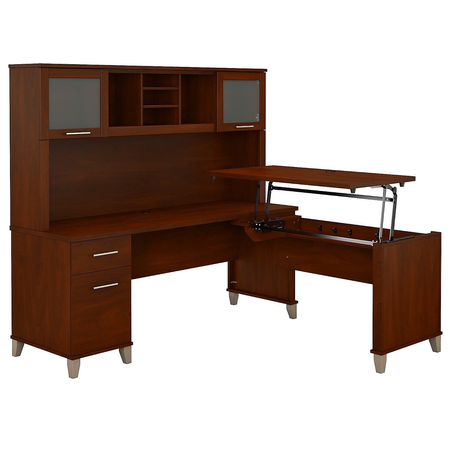 Hansen Cherry L-Shaped Sit to Stand Desk with Hutch and Drawers