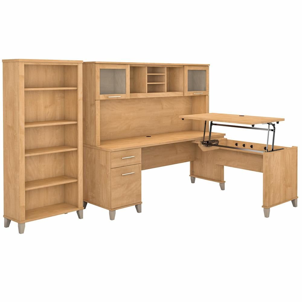 Maple L-Shaped Sit to Stand Desk with Hutch and Bookcase