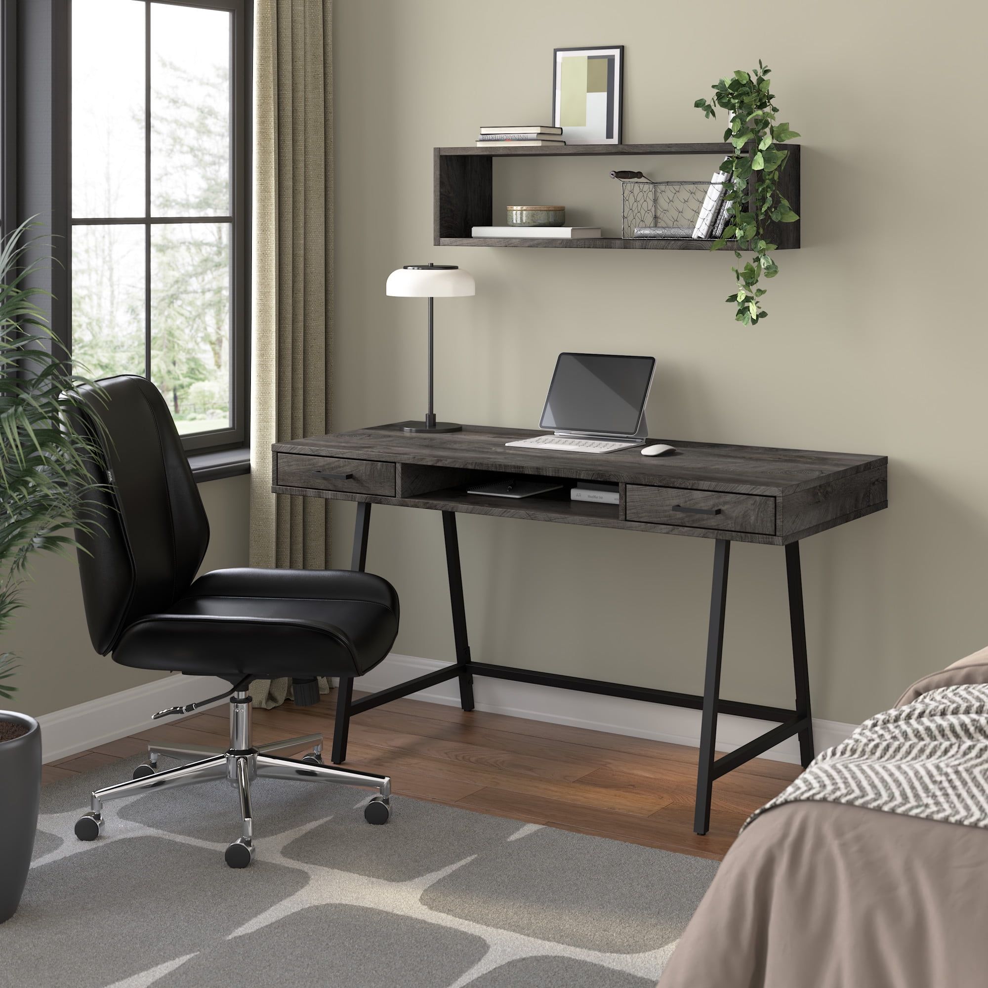 Steele 54" Dark Gray Hickory Writing Desk with Storage