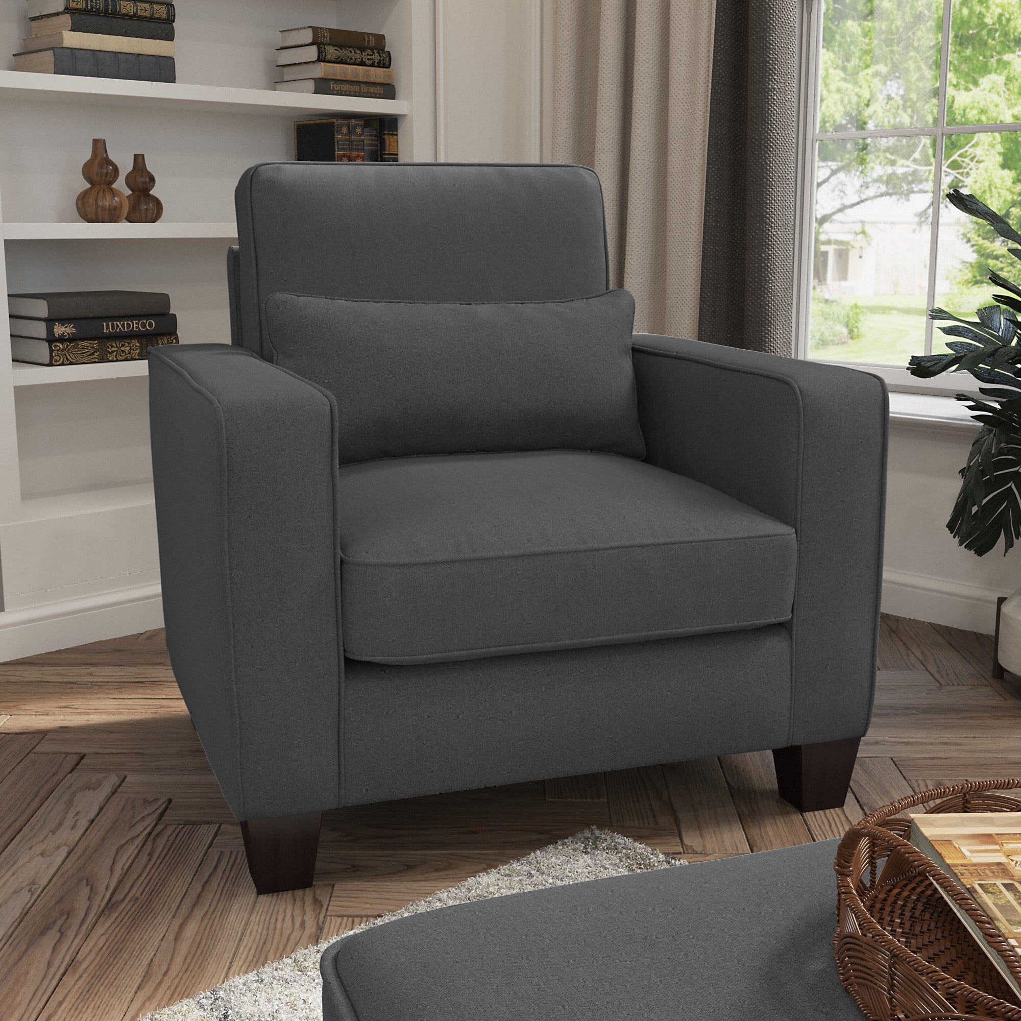 Charcoal Gray Herringbone Microfiber Accent Chair with Lumbar Support