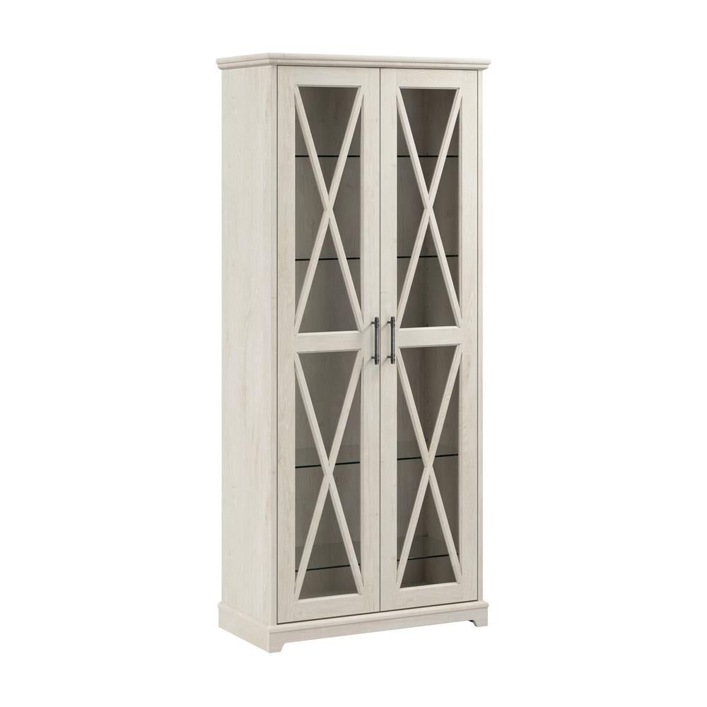 Linen White Oak Lighted Farmhouse Curio Cabinet with Glass Doors