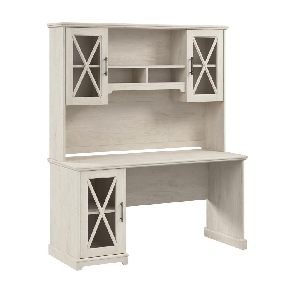 Linen White Oak Farmhouse Desk with Hutch and Storage Cabinet