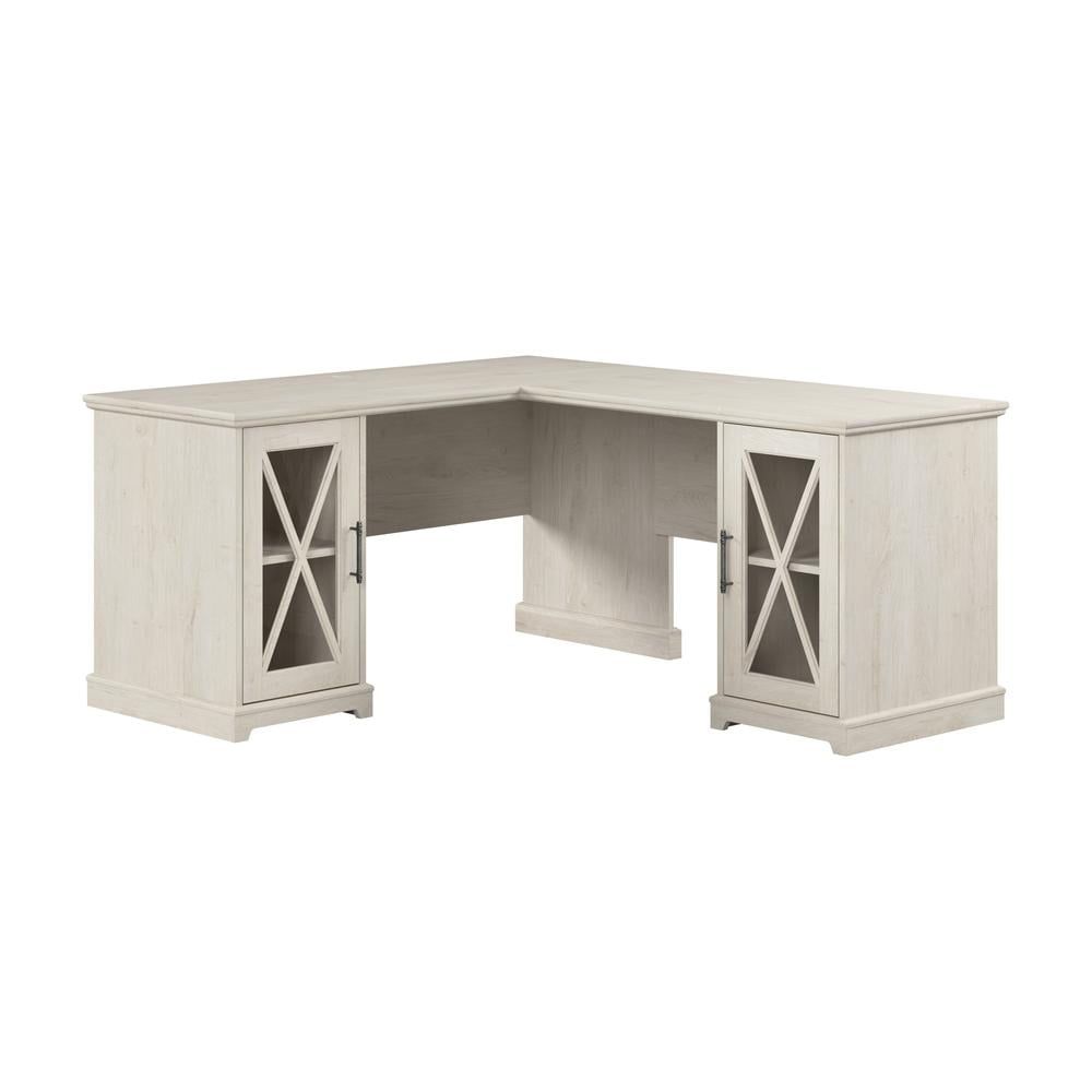 Linen White Oak L-Shaped Corner Desk with Storage Cabinets