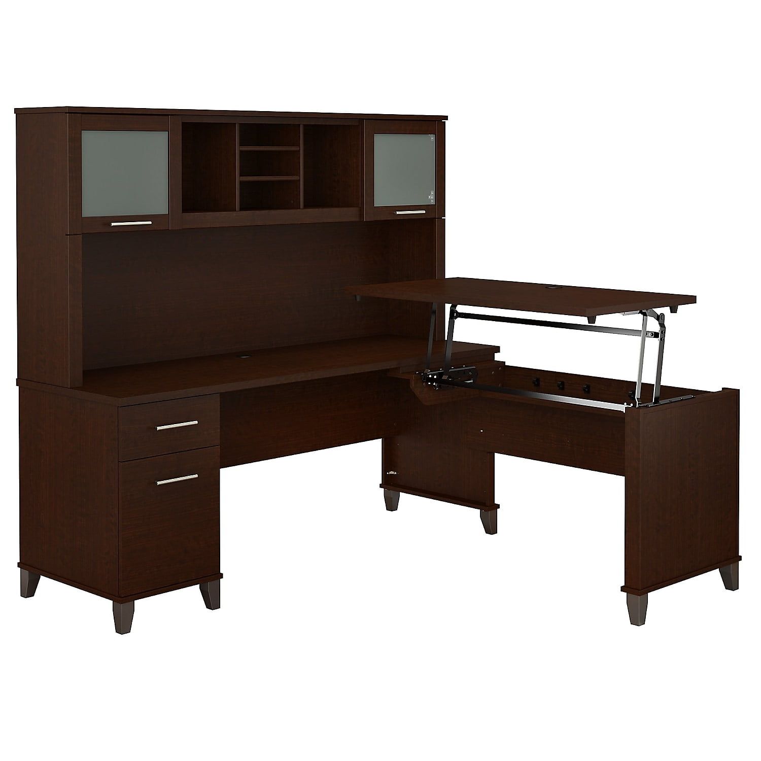 Mocha Cherry 71" L-Shaped Adjustable Computer Desk with Hutch