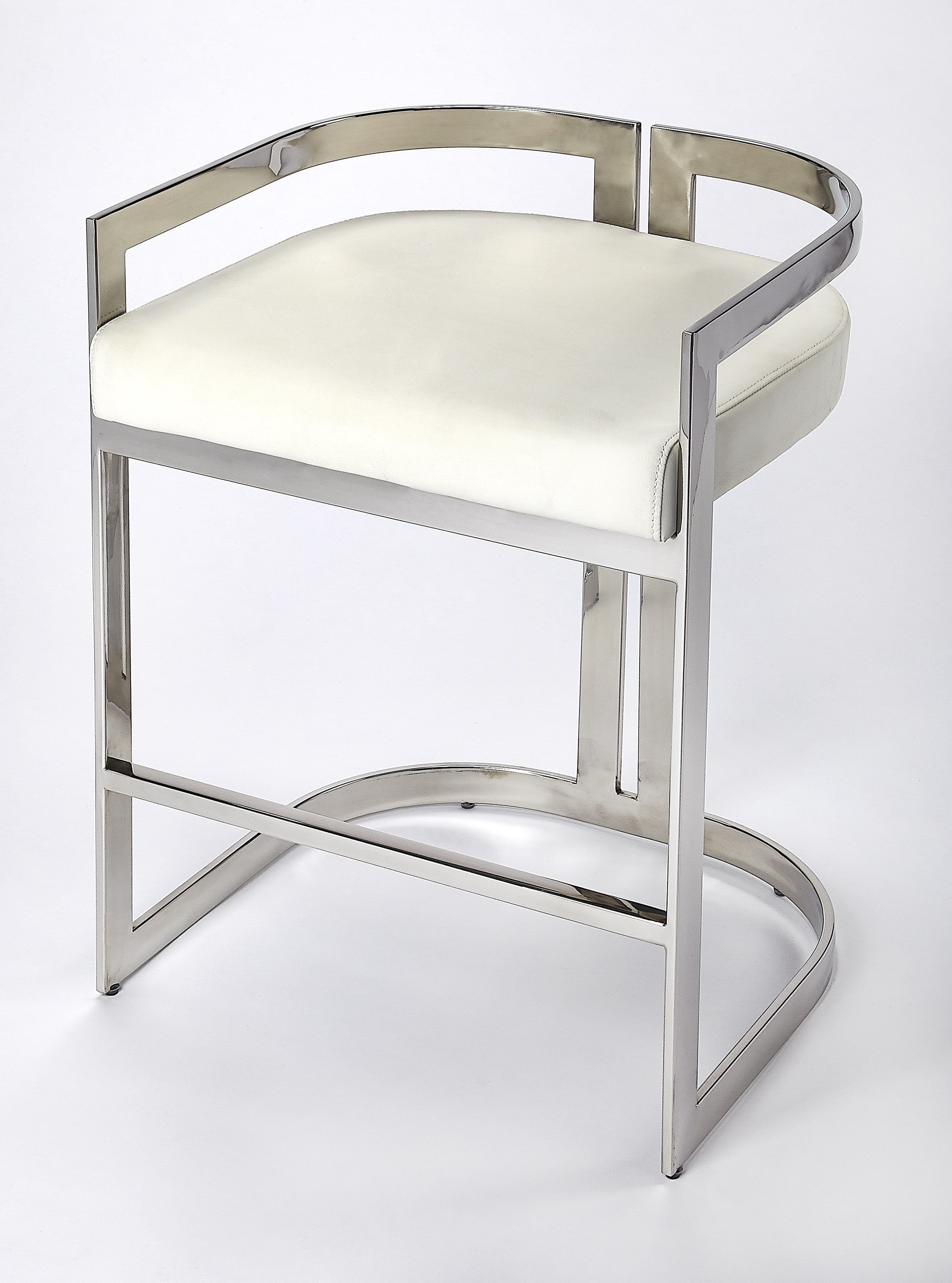 White Faux Leather and Silver Metal Counter Stool