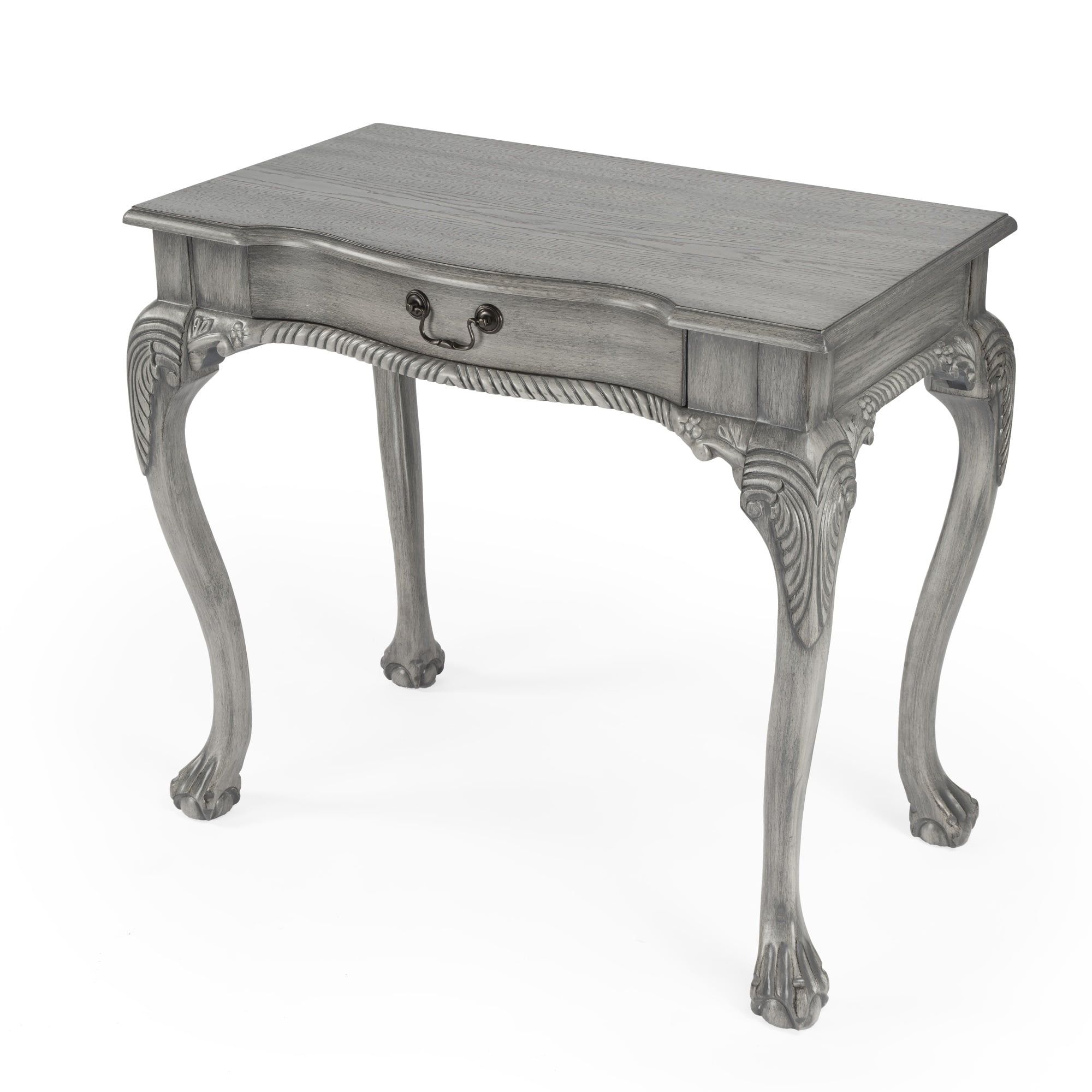 Dupree Solid Wood Carved Gray Writing Desk with Drawer