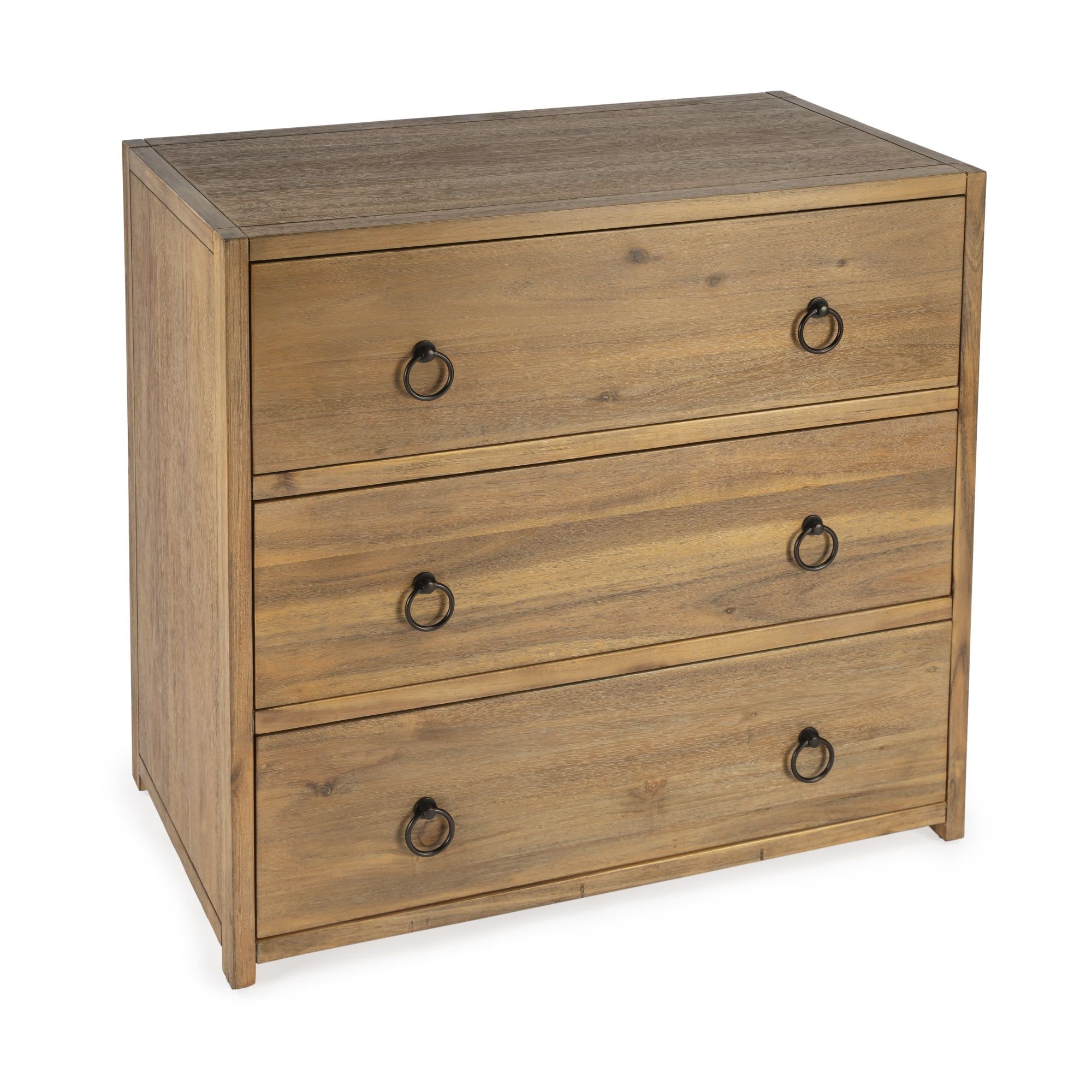 Natural Wood 3-Drawer Chest with Black Metal Hardware