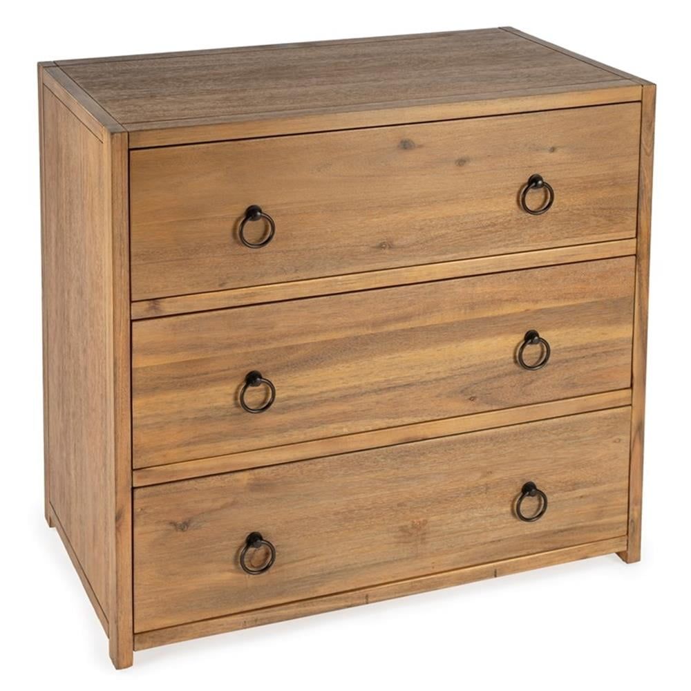 Natural Wood 3-Drawer Chest with Black Metal Hardware