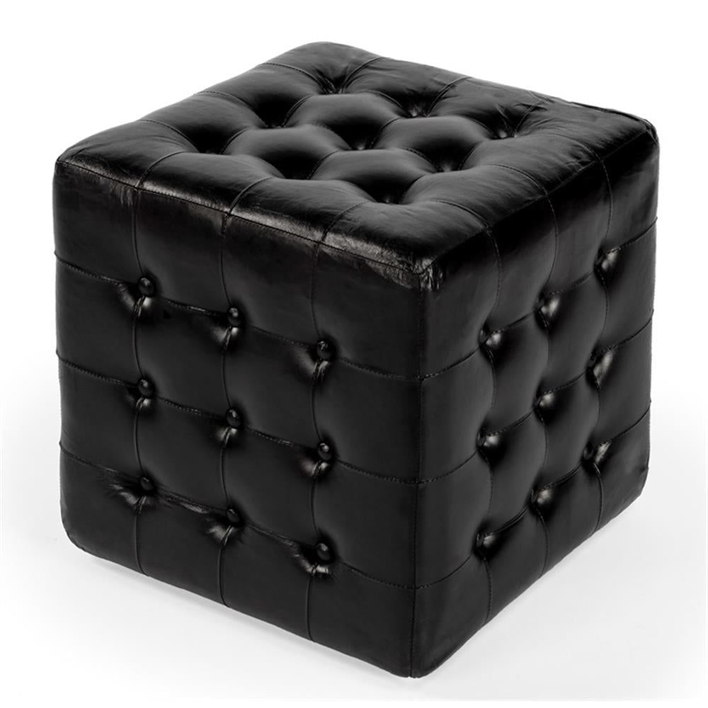 Leon 112'' Black Genuine Leather Tufted Cube Ottoman