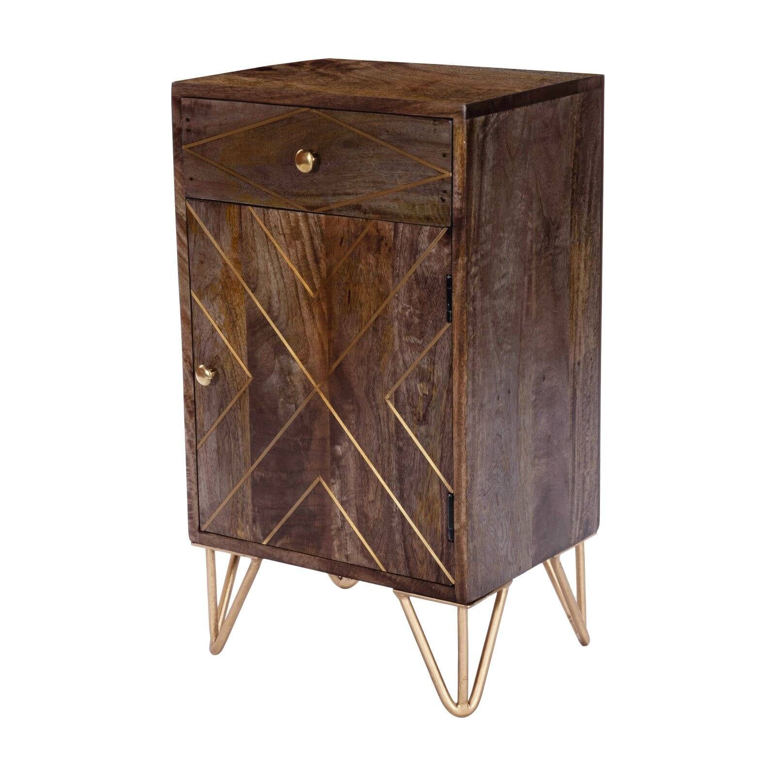 Alda Mango Wood and Brass Inlay Chairside Chest with Storage