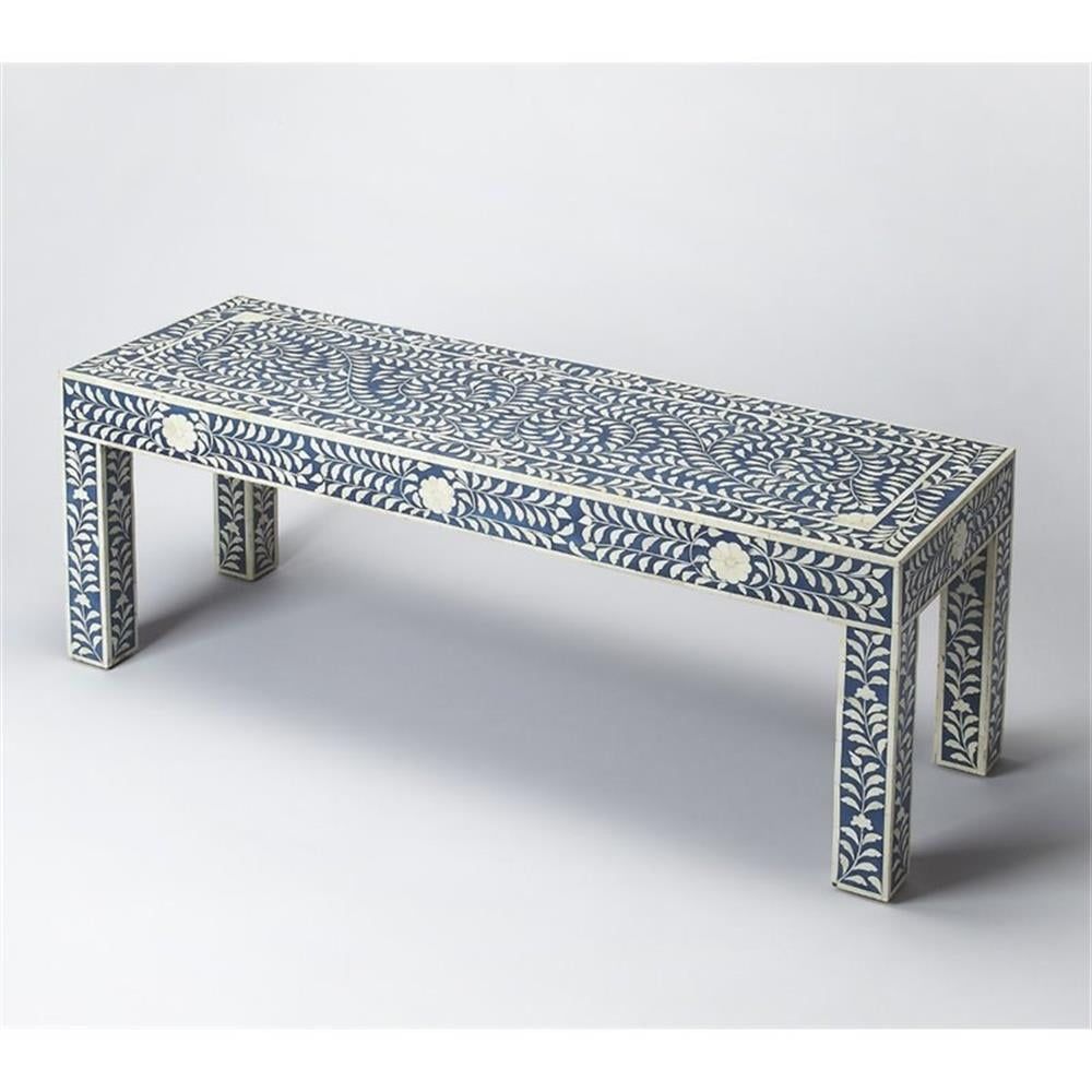 Vivienne Botanic Motif Blue Bone Inlay Bedroom Bench