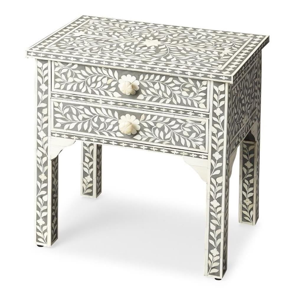 Petite Gray Bone Inlay Floral Nightstand with Storage