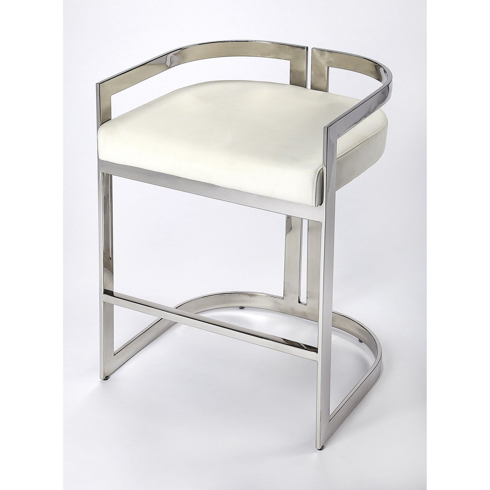 White Faux Leather and Silver Metal Counter Stool