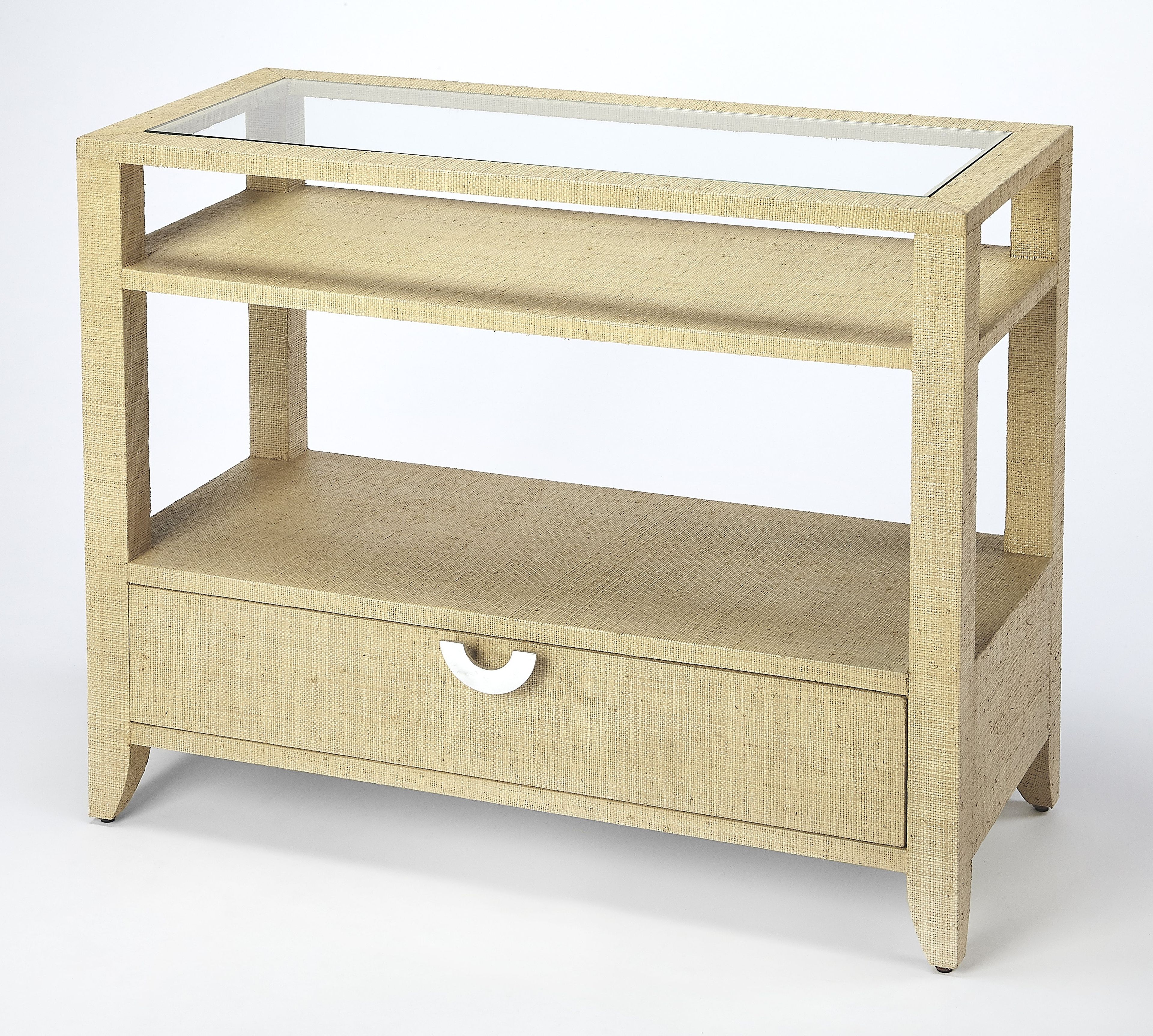 Ocean Blue Raffia and Glass Console Table with Storage