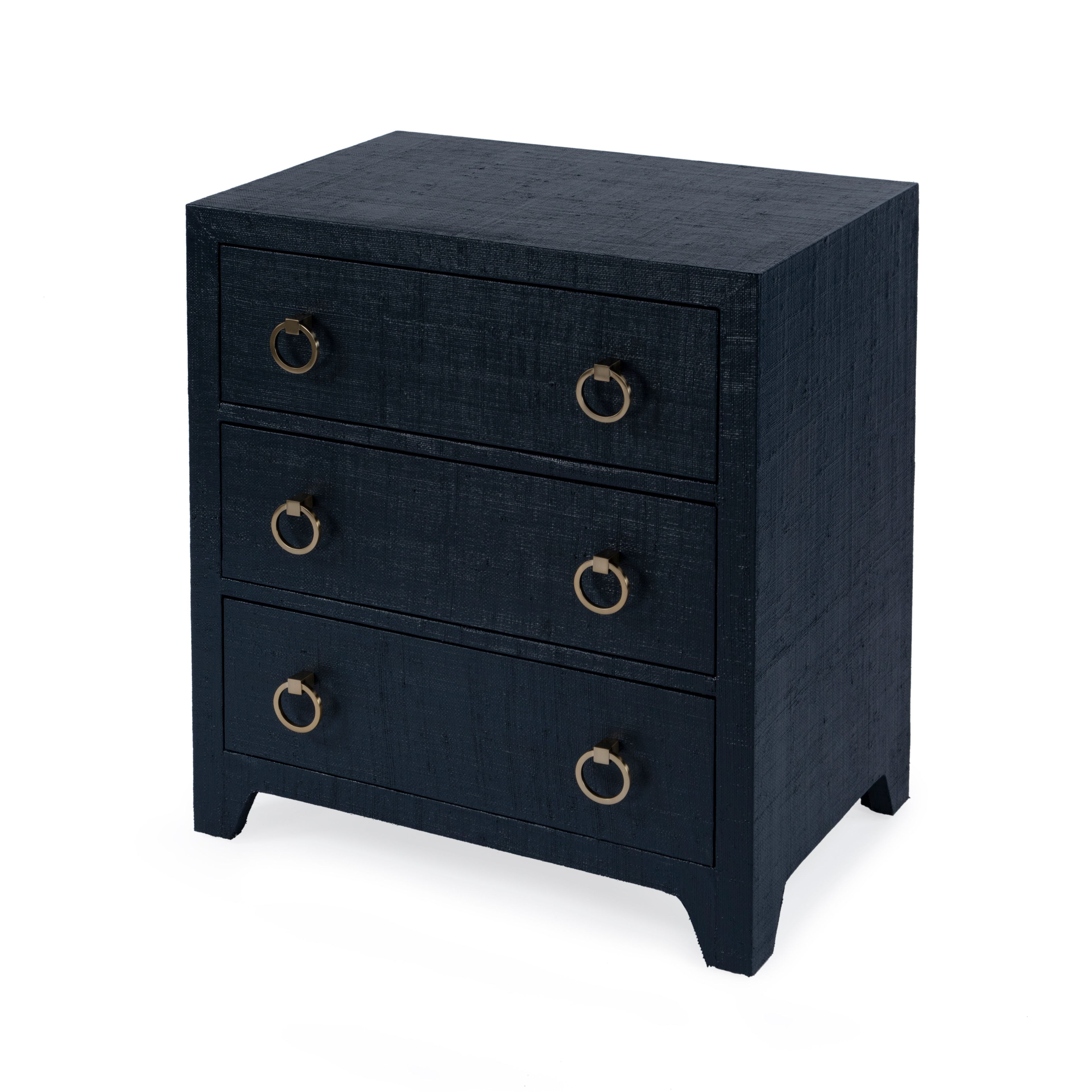 Navy Oak Raffia 3-Drawer Nightstand with Brass Pulls