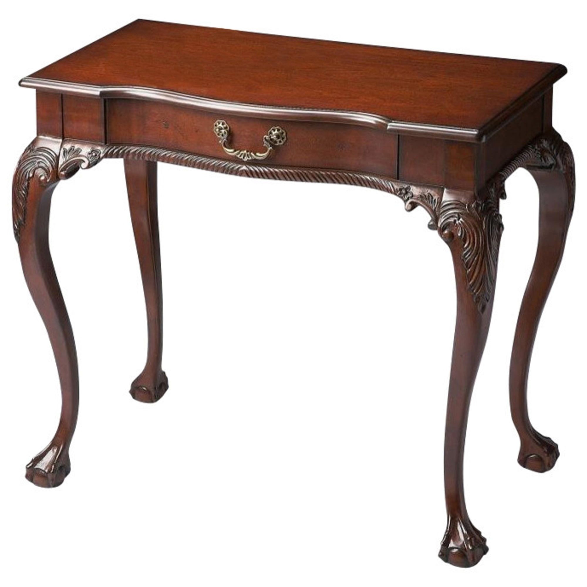 Cherry Brown Wood Writing Desk with Drawer and Carved Details