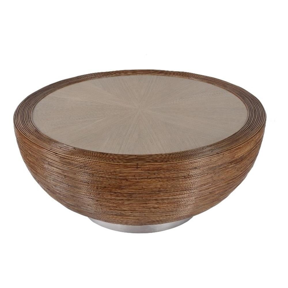 Brown Round Wood Coffee Table with Storage and Rattan Wrap