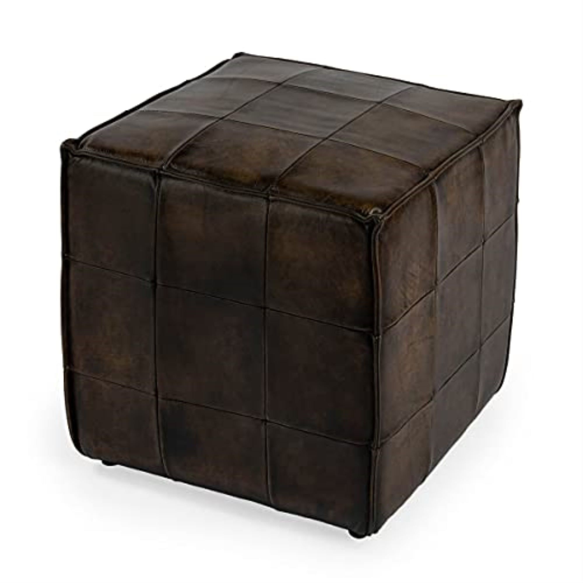 Contemporary Leon Dark Brown Leather Cube Ottoman