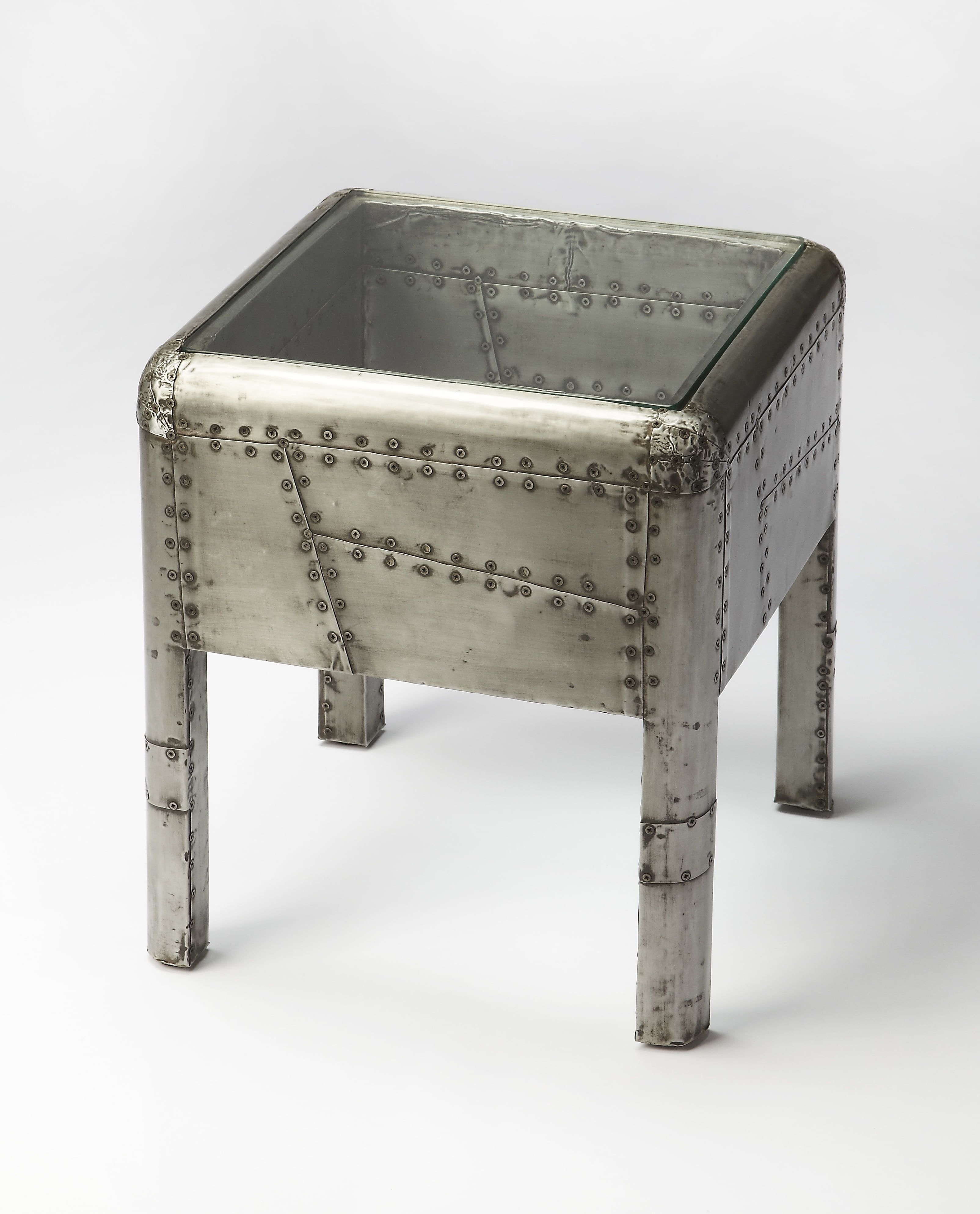 Industrial Silver Metal and Glass End Table