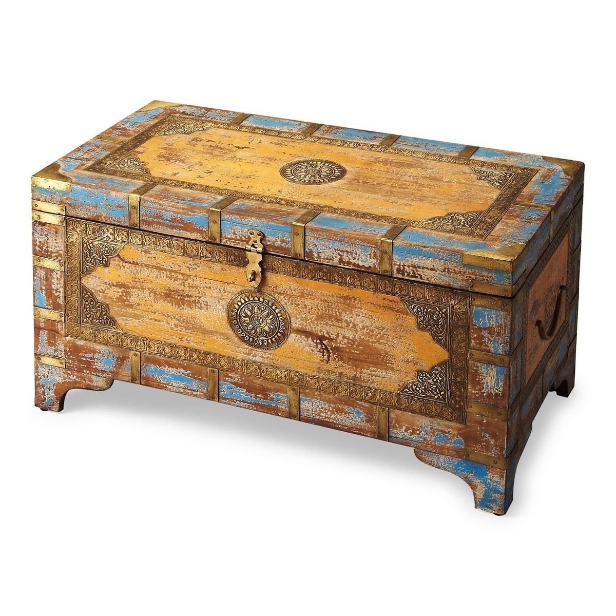 Nador Multicolor Mango Wood and Brass Inlay Storage Trunk Coffee Table