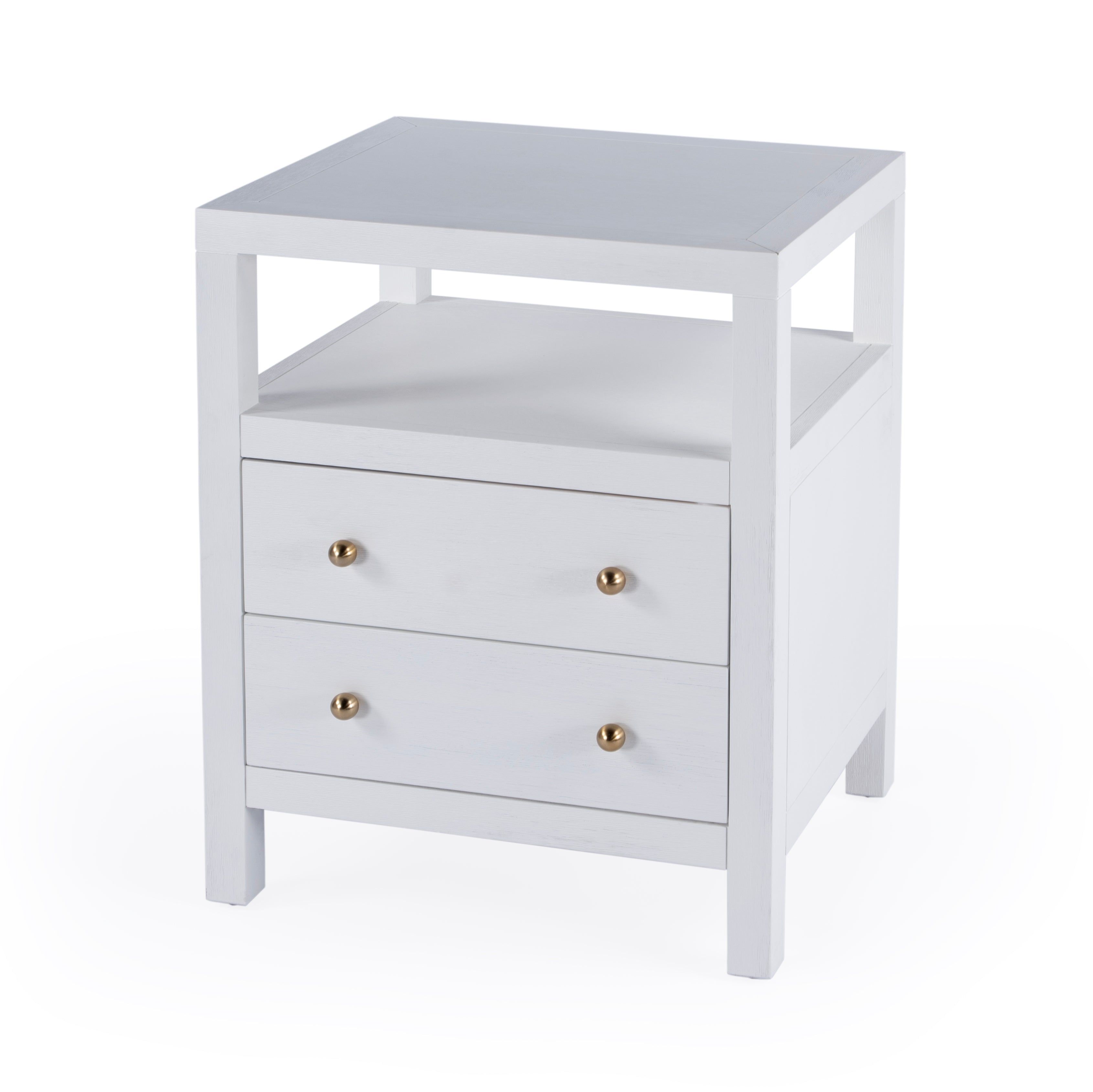 White Acacia Wood 2-Drawer Nightstand with Gold Pulls