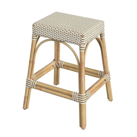 Robias 24.5" White and Tan Dot Rattan Backless Counter Stool